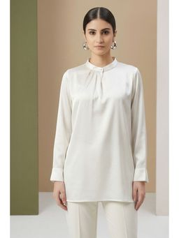 First Resort by Ramola Bachchan - White One Side Pleated Embellished Satin Shirt