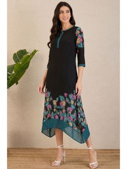 First Resort by Ramola Bachchan - Black and Yellow Floral Printed Slimline Kaftan Dress