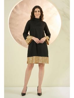 First Resort by Ramola Bachchan - Black Cotton Satin Tunic Dress with Gold Sequin Border