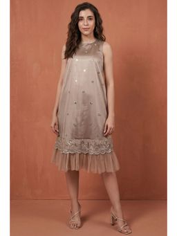 First Resort by Ramola Bachchan - Beige Sequin Embroidered A-line Net Dress