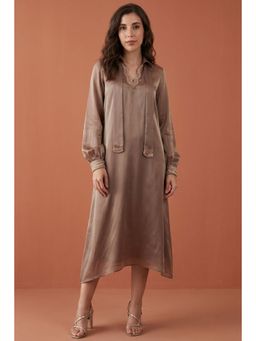 First Resort by Ramola Bachchan - Brown A-line Dress with Bead Lace Detail with Slip (Set of 2)