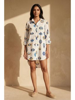 First Resort by Ramola Bachchan - White and Blue Evil Eye Print Shirt Dress