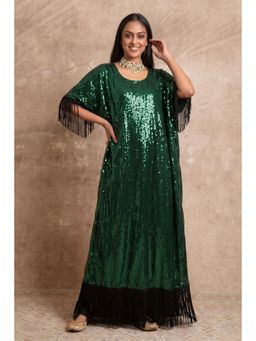 First Resort by Ramola Bachchan - Green Sequin Full Length Kaftan with Fringe Detail