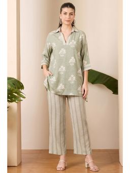 First Resort by Ramola Bachchan - Sage Green and Ecru Floral Combination Print Co-Ord (Set of 2)