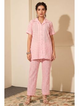 First Resort by Ramola Bachchan - Coral Pink Checked Co-Ord (Set of 2)