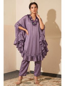 First Resort by Ramola Bachchan - Purple Ruffle Dress with Satin Pants (Set of 2)