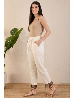First Resort by Ramola Bachchan - Off White Linen Pants with Bead Lace