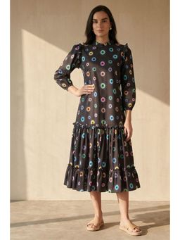 First Resort by Ramola Bachchan - Black Evil Eye Frill Midi Length Dress