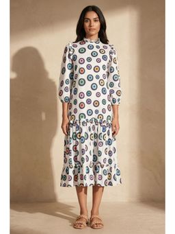 First Resort by Ramola Bachchan - White Evil Eye Frill Midi Length Dress
