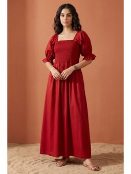First Resort by Ramola Bachchan - Red Smocked Maxi Dress