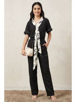 First Resort by Ramola Bachchan - Black And Ivory Linen Co-Ord (Set of 3)