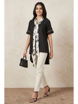 First Resort by Ramola Bachchan - Black And Ivory Linen Top With Belt (Set of 2)