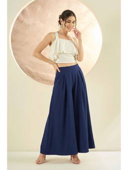 First Resort by Ramola Bachchan - Women's Navy Blue Cotton Solid Relaxed Fit Pant