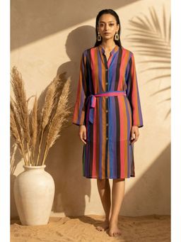 First Resort by Ramola Bachchan - Neon Pink and Purple Striped Shirt Knee Length Dress