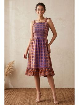 First Resort by Ramola Bachchan - Brown Printed Smocked Sun Knee Length Dress