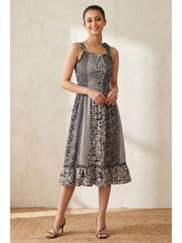 First Resort by Ramola Bachchan - Black and Grey Smocked Sunmidi Dress