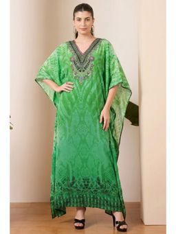 First Resort by Ramola Bachchan - Green Python Print Embellished Silk Maxi Kaftan