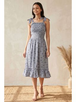 First Resort by Ramola Bachchan - Grey Smocked Printed Sunmidi Dress