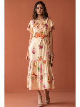 First Resort by Ramola Bachchan - Yellow Floral Printed Midi Dress
