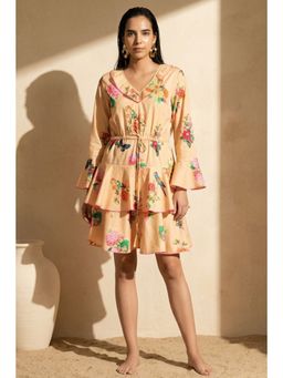 First Resort by Ramola Bachchan - Yellow Floral Printed Frill Knee Length Dress