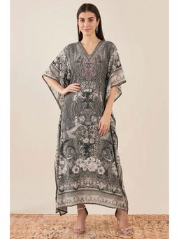 First Resort by Ramola Bachchan - Grey Embellished Silk Maxi Kaftan