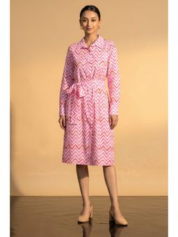 First Resort by Ramola Bachchan - Pink Zig-Zag Shirt Knee Length Dress