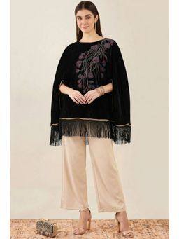 First Resort by Ramola Bachchan - Womens Black Velvet Floral Poncho