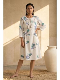 First Resort by Ramola Bachchan - White and Green Cross Stitch Floral Printed Dress