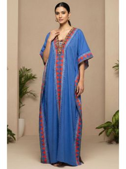 First Resort by Ramola Bachchan - Blue Tribal Full Length Kaftan with Mirror Lace