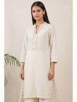 First Resort by Ramola Bachchan - Women Ivory Mandarin Neck Long Kurta