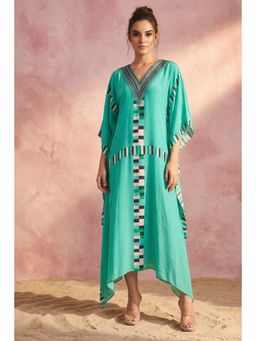 First Resort by Ramola Bachchan - Green Geometric Mid Length Kaftan