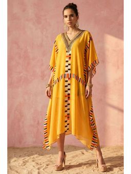 First Resort by Ramola Bachchan - Yellow Geometric Mid Length Kaftan