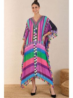 First Resort by Ramola Bachchan - Purple And Green Geometric Mid Length Kaftan