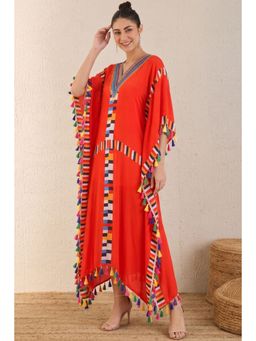 First Resort by Ramola Bachchan - Red Geometric Mid Length Kaftan
