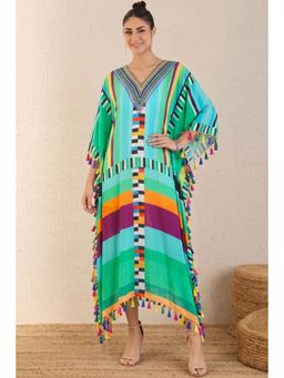 First Resort by Ramola Bachchan - Blue And Green Geometric Mid Length Kaftan