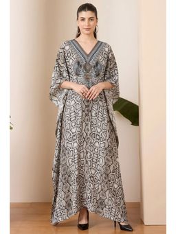 First Resort by Ramola Bachchan - Beige Animal Print Embellished Silk Full Length Kaftan