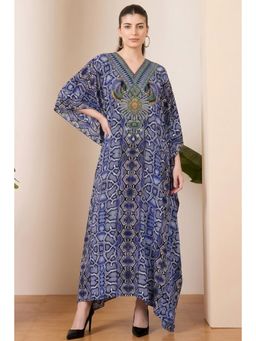 First Resort by Ramola Bachchan - Blue Animal Print Embellished Silk Full Length Kaftan