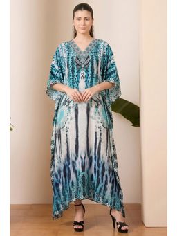 First Resort by Ramola Bachchan - Blue & Black Animal Print Embellished Silk Full Length Kaftan