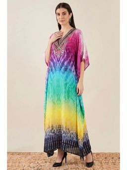 First Resort by Ramola Bachchan - Multicoloured Python Print Embellished Silk Full Length Kaftan