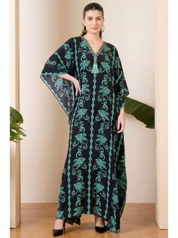 First Resort by Ramola Bachchan - Black And Green Ivy Embellished Silk Full Length Kaftan