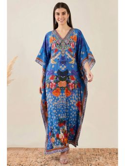 First Resort by Ramola Bachchan - Blue & Orange Floral Print Embellished Silk Full Length Kaftan