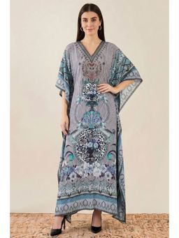 First Resort by Ramola Bachchan - Grey And Blue Embellished Silk Full Length Kaftan