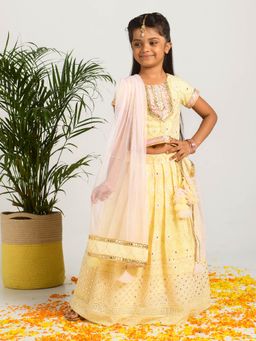 FREE SPARROW - Embroidered Pleated Lehenga with Trims, Tassels & Dupatta (Set of 3)