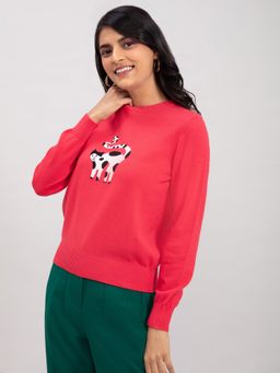 Twenty Dresses by Nykaa Fashion - Red Embroidered Round Neck Full Sleeves Sweater Top