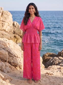 AOBA - Peplum Pink Wide-Leg Co-Ord Set
