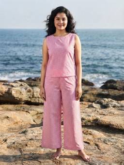 AOBA - Sleeveless Pink Checks Straight Co-Ord Set