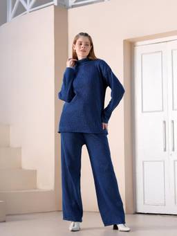 Kvetoo - Women Blue Turtle-Neck Sweater Co-Ord Set