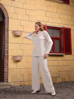 Kvetoo - Women Cream Turtle-Neck Sweater Co-Ord Set