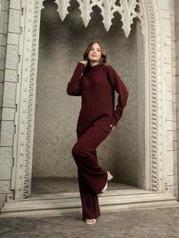 Kvetoo - Women Wine Turtle-Neck Sweater Co-Ord Set