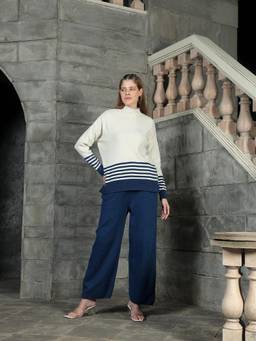 Kvetoo - Women Navy Blue High Neck Sweater Co-Ord Set